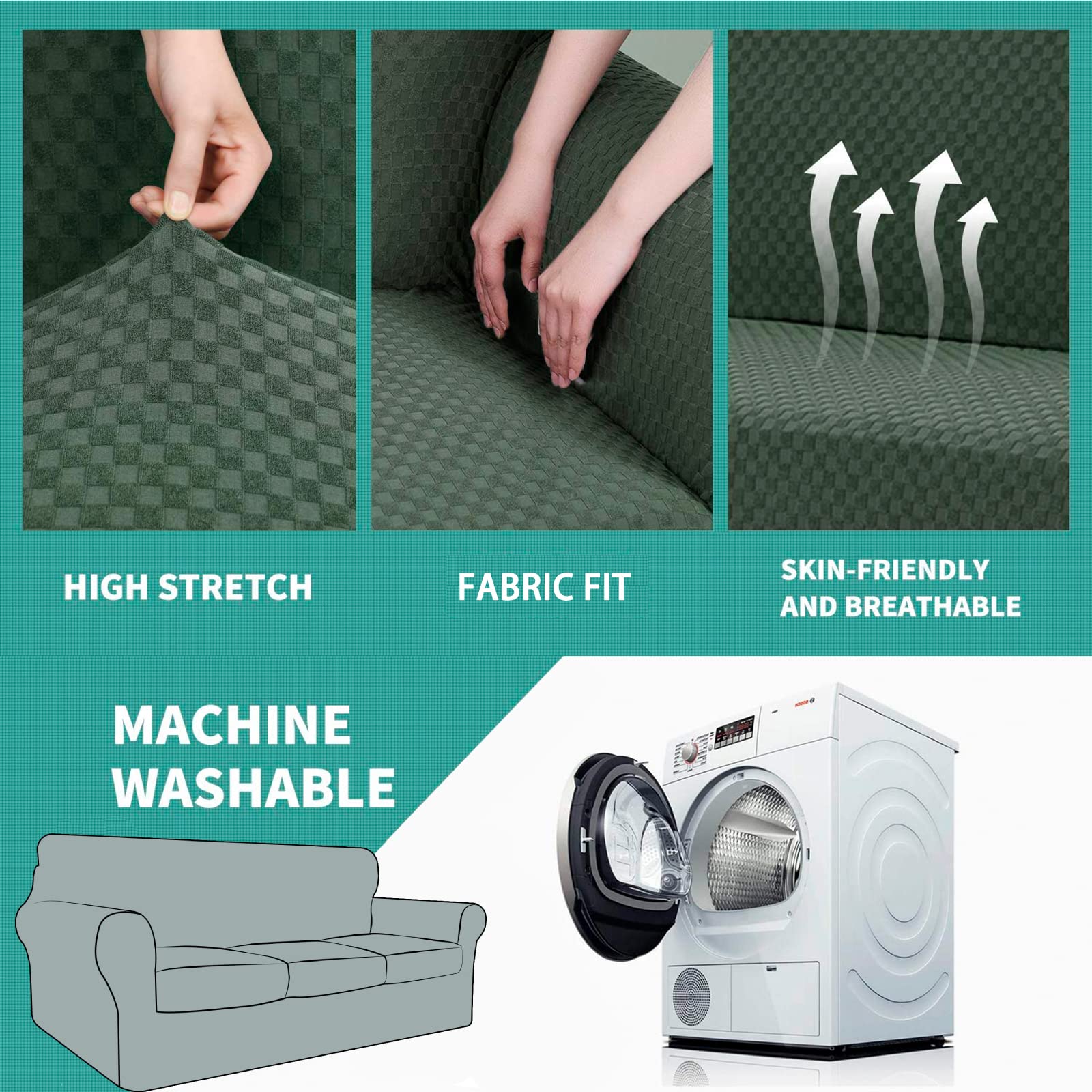 YEMYHOM YEMYHOM Checkered 4 Piece Couch Covers for 3 Cushion Sofa Extra Large High Stretch Thickened Furniture Protector Army Green - View 5 of 7