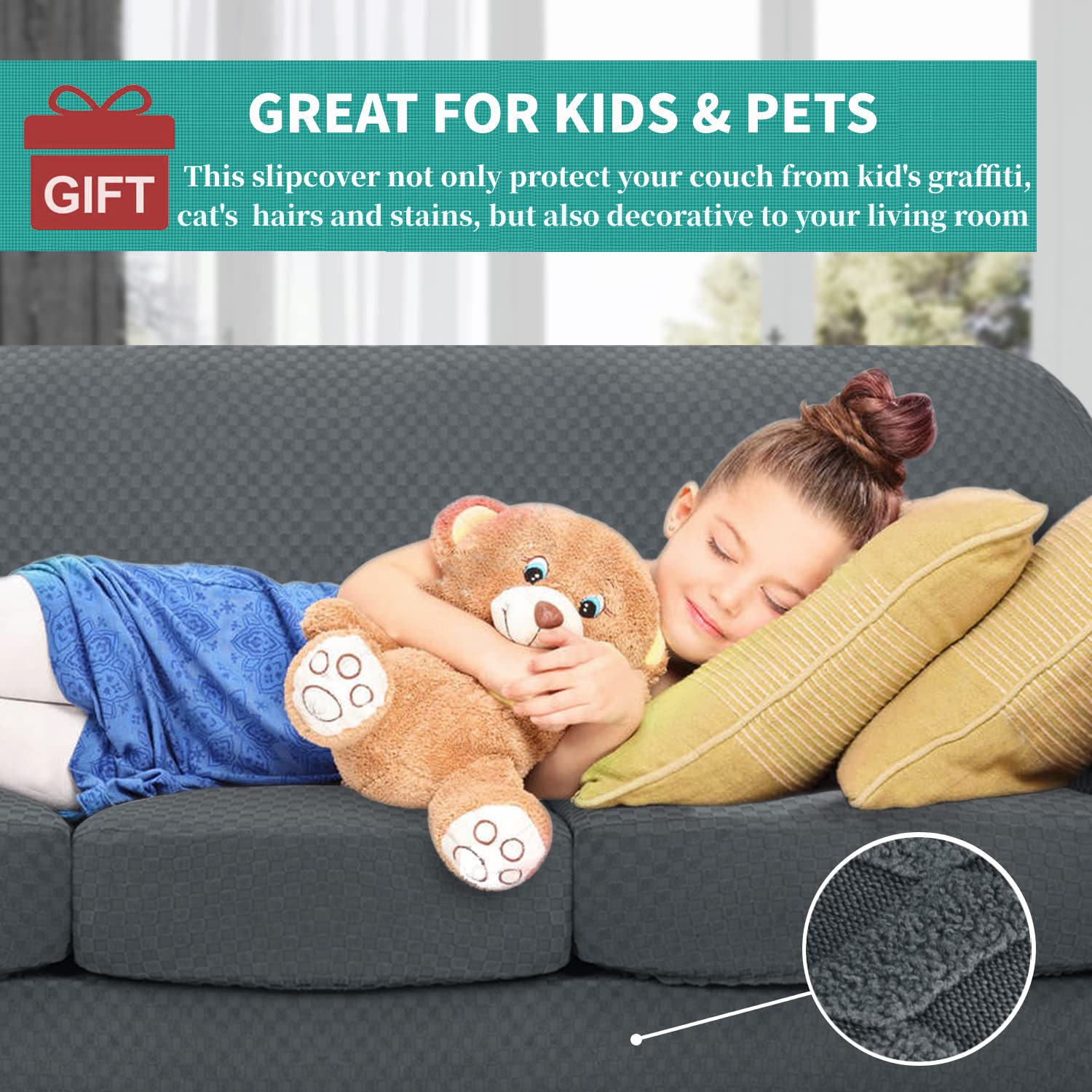 YEMYHOM YEMYHOM Checkered 3 Piece Couch Covers for 2 Cushion Sofa High Stretch Thickened Elastic Protector for Dogs Dark Gray 55"-69" - View 3 of 7