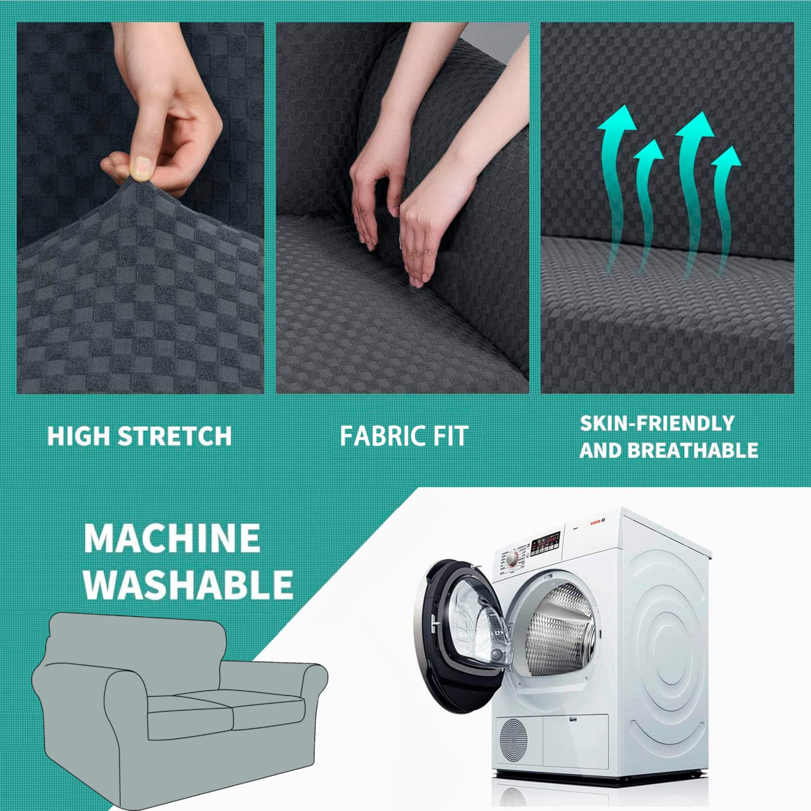 YEMYHOM YEMYHOM Checkered 3 Piece Couch Covers for 2 Cushion Sofa High Stretch Thickened Elastic Protector for Dogs Dark Gray 55"-69" - View 5 of 7