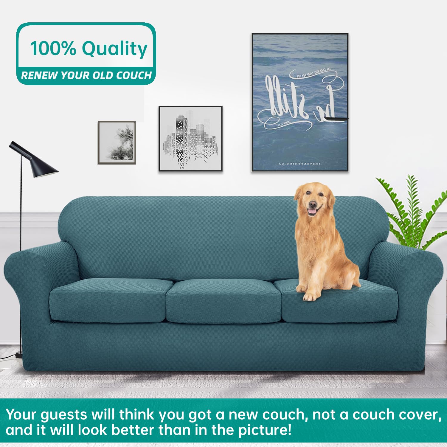 YEMYHOM YEMYHOM Checkered 4 Piece Couch Covers for 3 Cushion Sofa High Stretch Thickened Pet Protector Teal 71 to 91 Inches - View 2 of 8