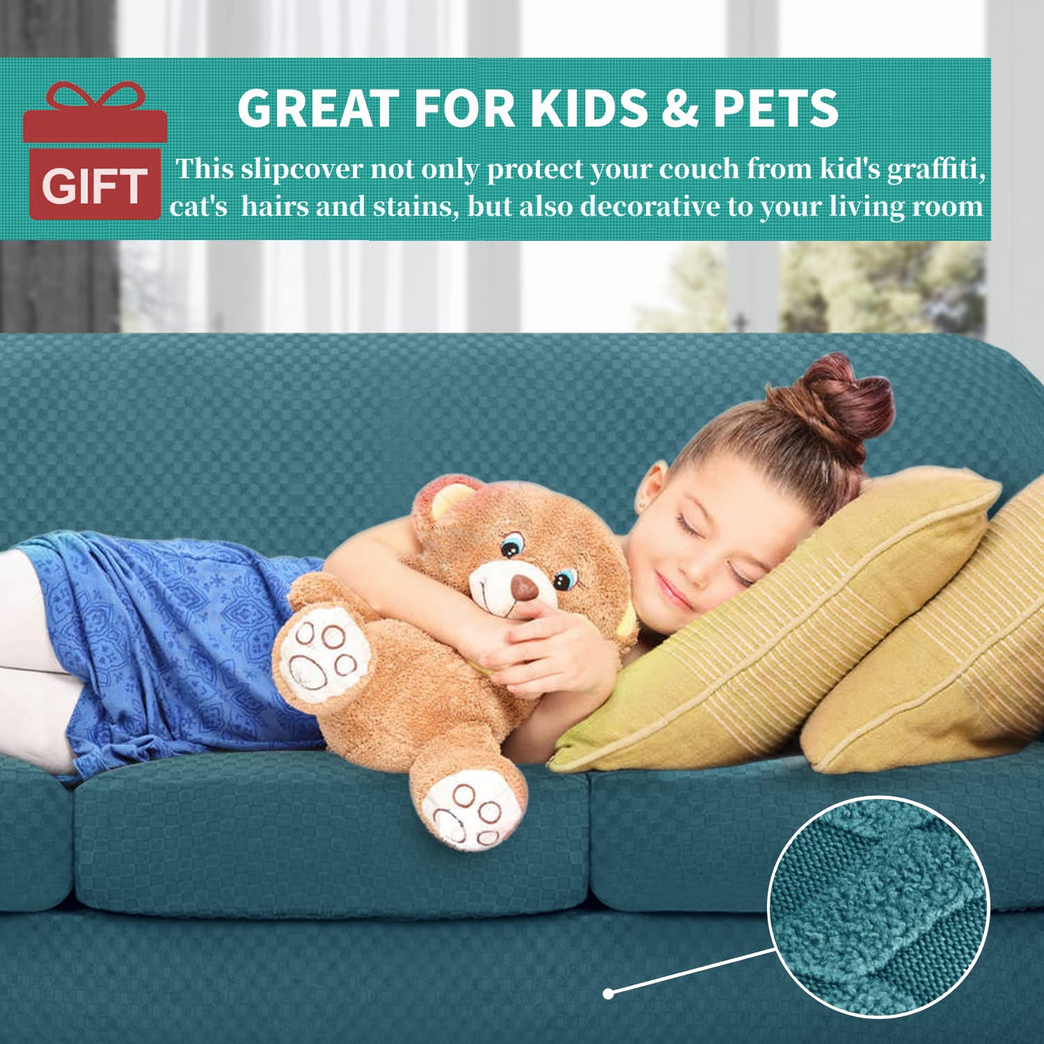 YEMYHOM YEMYHOM Checkered 4 Piece Couch Covers for 3 Cushion Sofa High Stretch Thickened Pet Protector Teal 71 to 91 Inches - View 3 of 8