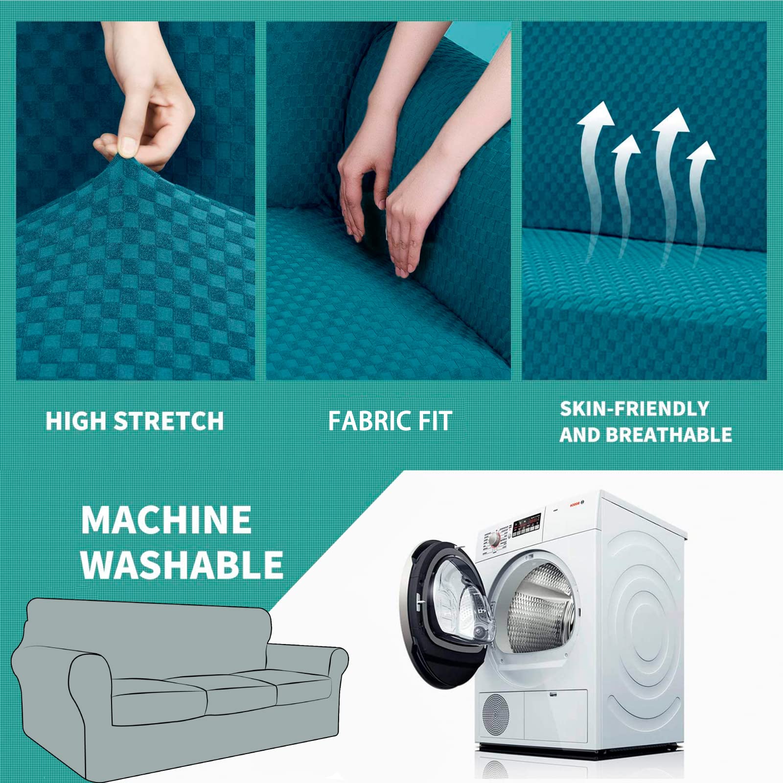 YEMYHOM YEMYHOM Checkered 4 Piece Couch Covers for 3 Cushion Sofa High Stretch Thickened Pet Protector Teal 71 to 91 Inches - View 5 of 8