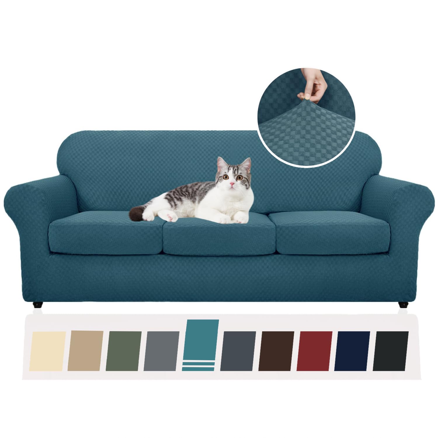 YEMYHOM Checkered 4 Piece Couch Covers for 3 Cushion Sofa High Stretch Thickened Pet Protector Teal 71 to 91 Inches