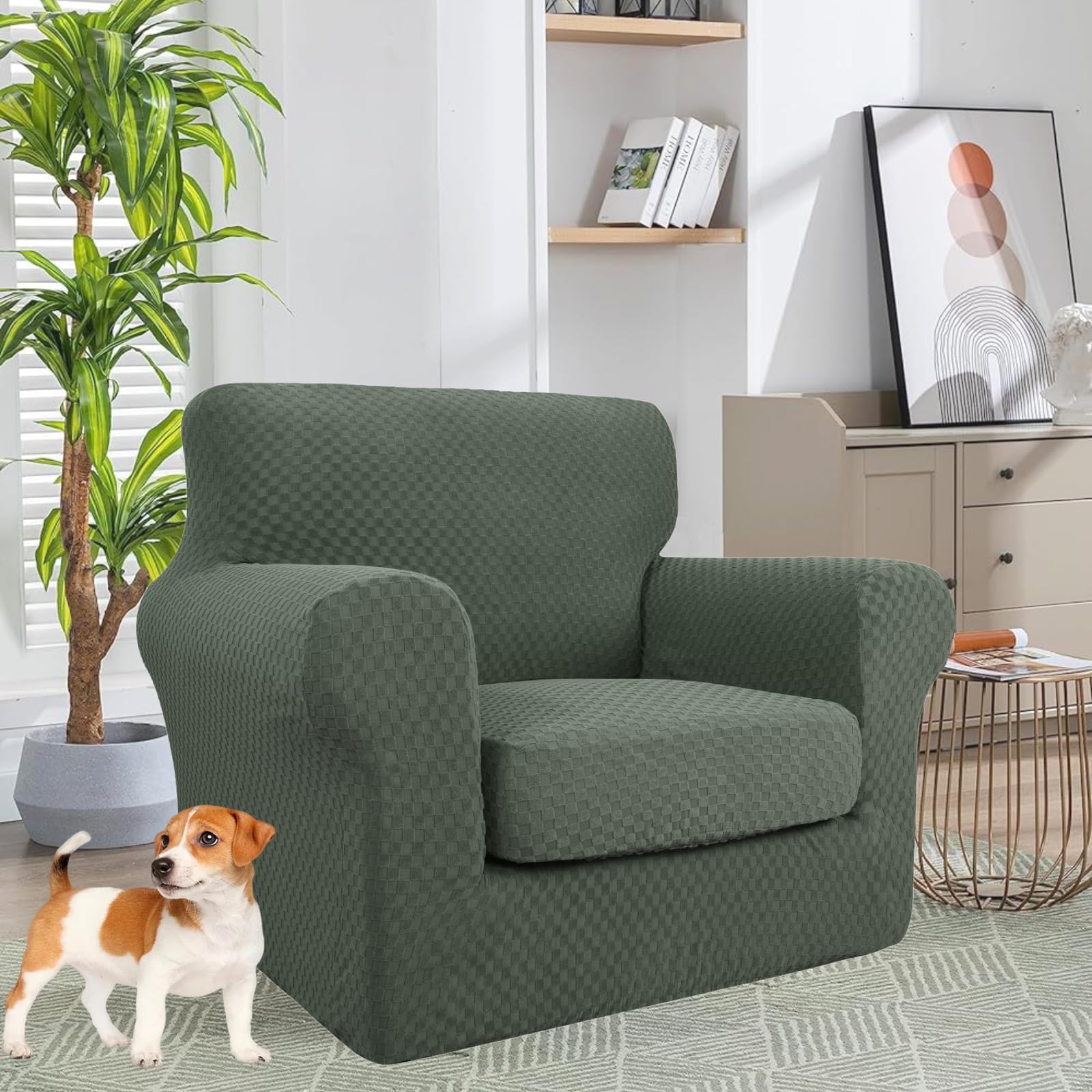 YEMYHOM YEMYHOM Checkered Chair Covers Set of 2 High Stretch Thickened Anti Slip Armchair Slipcovers for Living Room Army Green 31"-46" - View 2 of 7