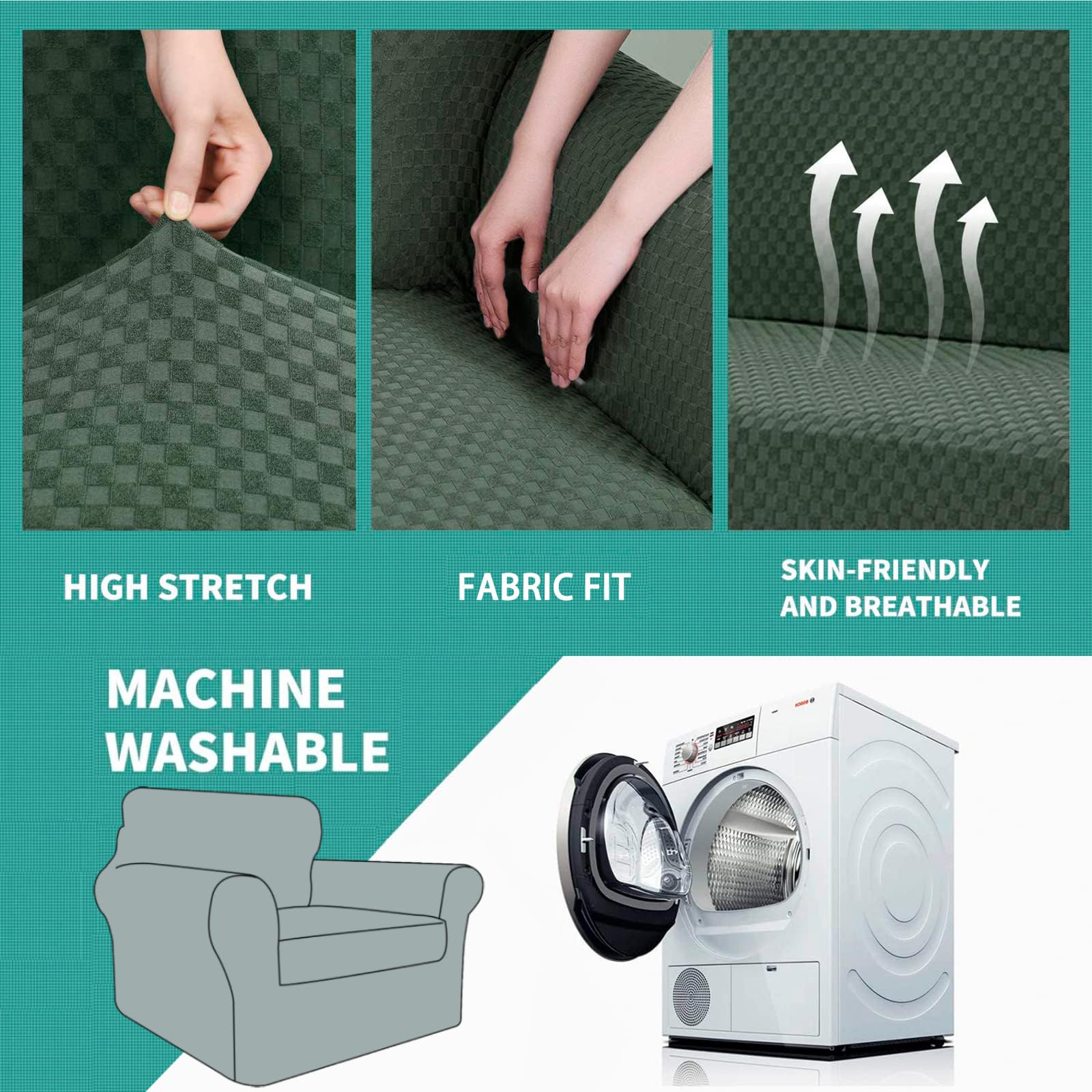 YEMYHOM YEMYHOM Checkered Chair Covers Set of 2 High Stretch Thickened Anti Slip Armchair Slipcovers for Living Room Army Green 31"-46" - View 5 of 7