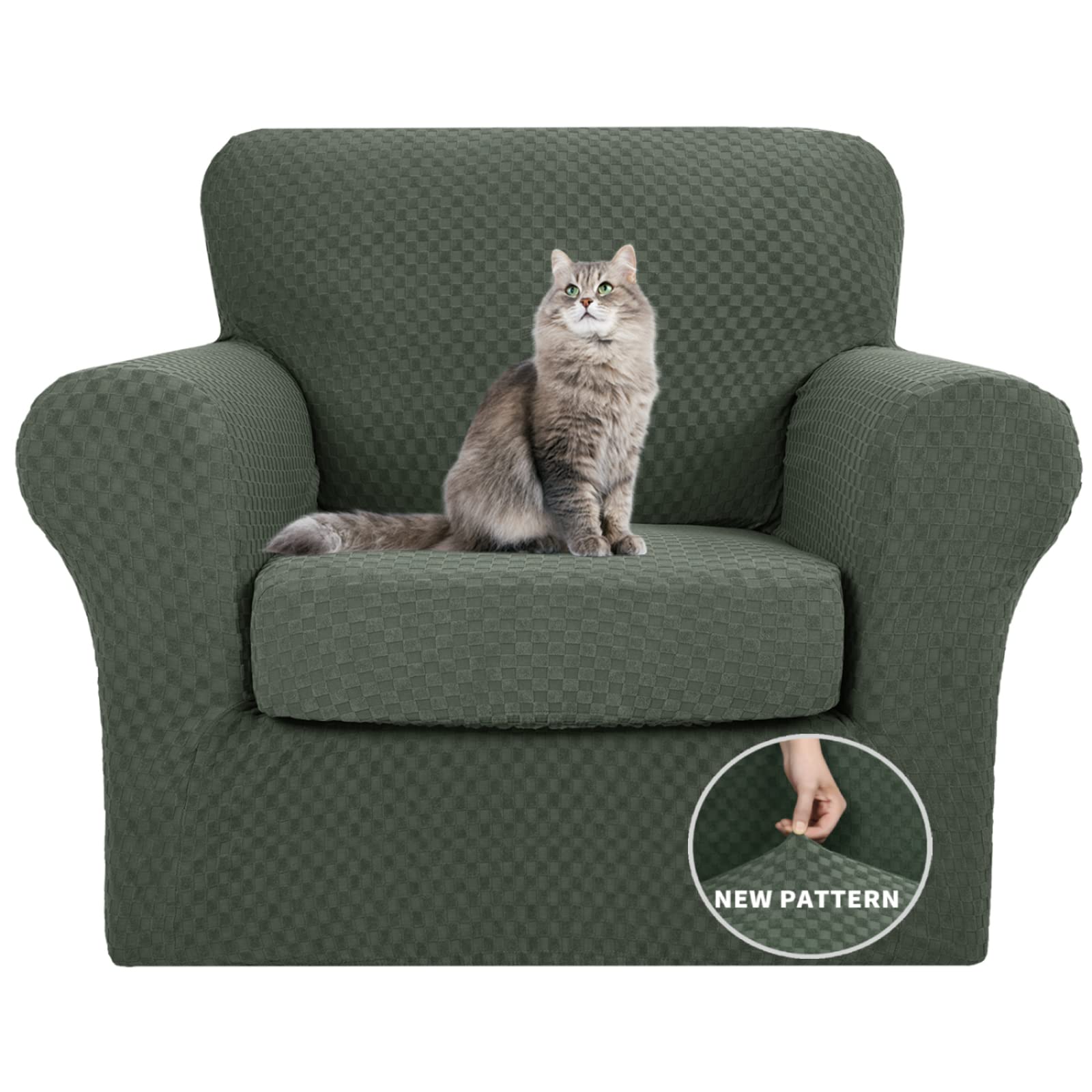 YEMYHOM Checkered Chair Covers Set of 2 High Stretch Thickened Anti Slip Armchair Slipcovers for Living Room Army Green 31"-46"