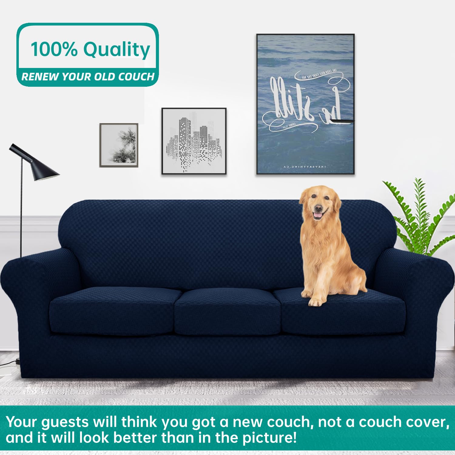 YEMYHOM YEMYHOM Checkered 4 Piece Couch Covers for 3 Cushion Sofa High Stretch Thickened Elastic Slipcovers for Pets Navy Color - View 2 of 8