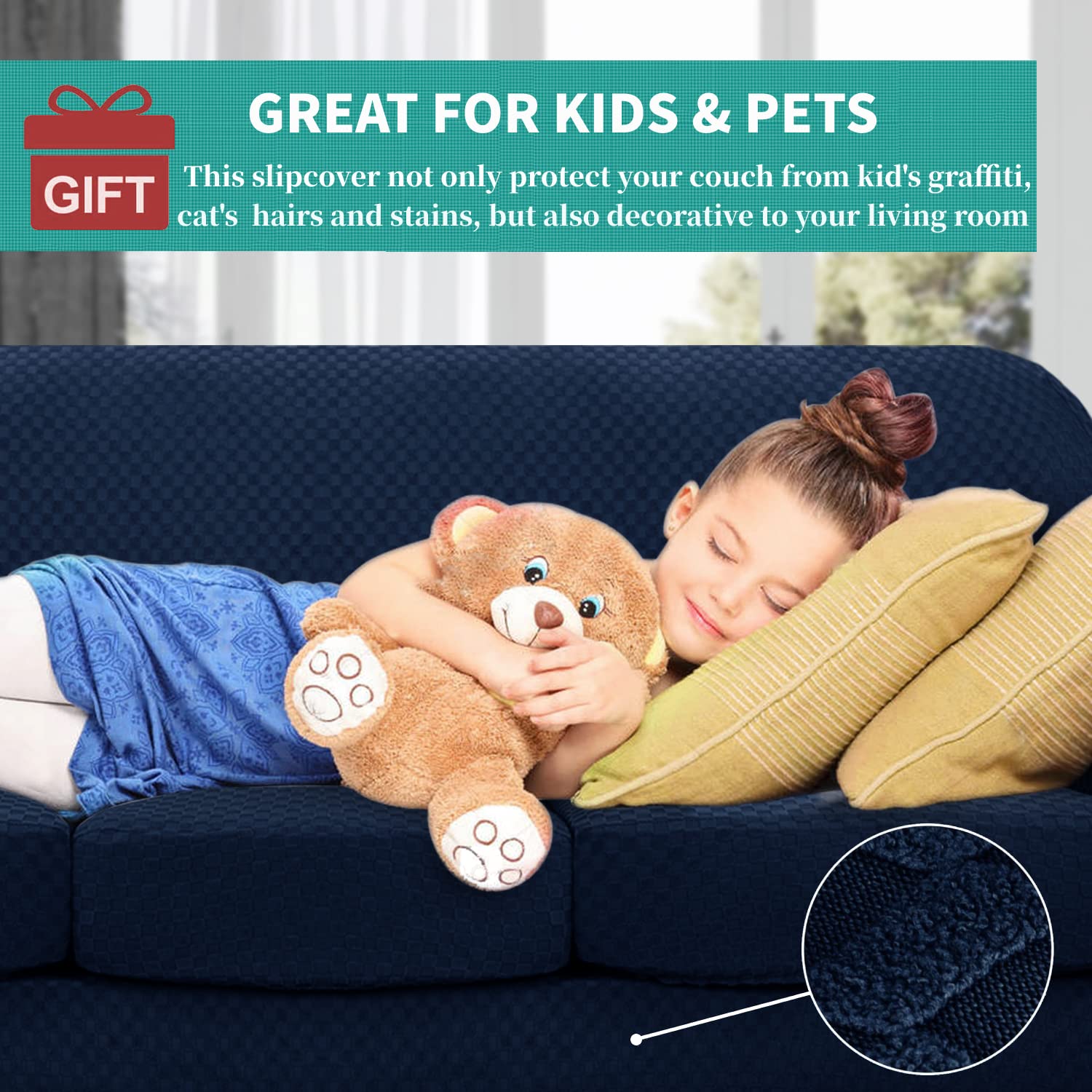 YEMYHOM YEMYHOM Checkered 4 Piece Couch Covers for 3 Cushion Sofa High Stretch Thickened Elastic Slipcovers for Pets Navy Color - View 3 of 8