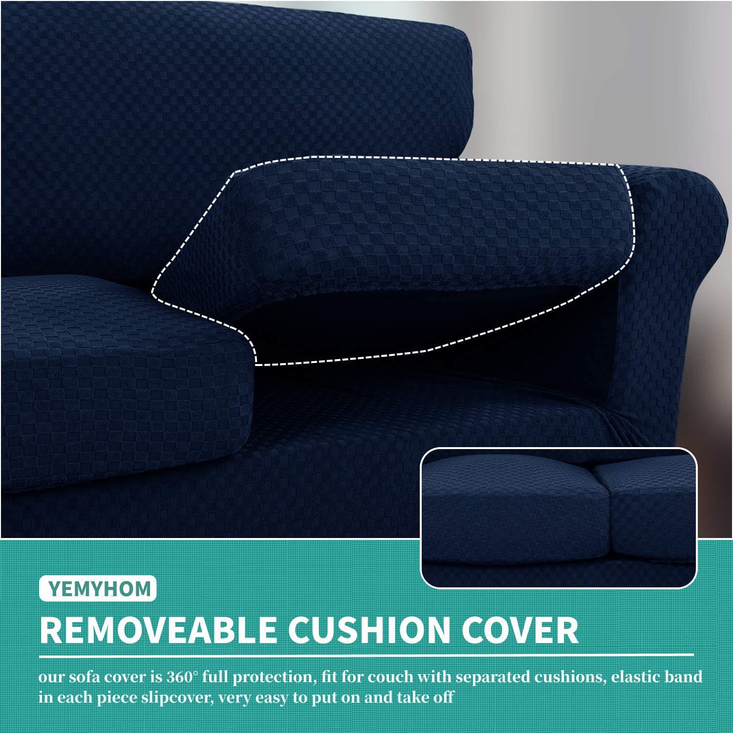YEMYHOM YEMYHOM Checkered 4 Piece Couch Covers for 3 Cushion Sofa High Stretch Thickened Elastic Slipcovers for Pets Navy Color - View 4 of 8
