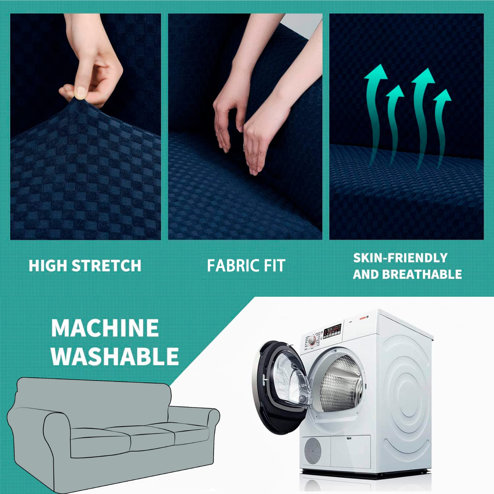 YEMYHOM YEMYHOM Checkered 4 Piece Couch Covers for 3 Cushion Sofa High Stretch Thickened Elastic Slipcovers for Pets Navy Color - View 5 of 8