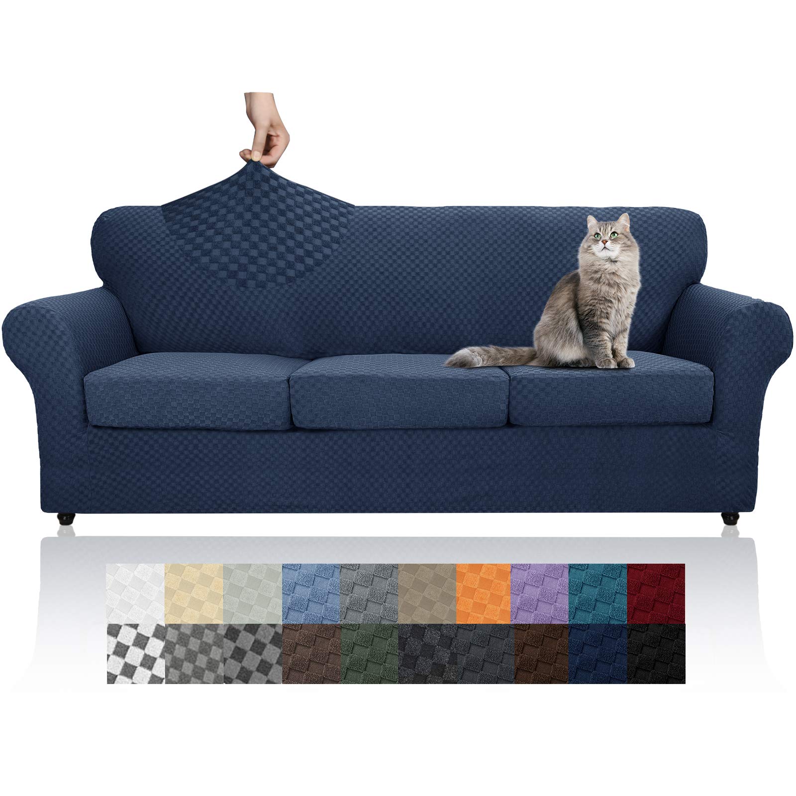 YEMYHOM YEMYHOM Checkered 4 Piece Couch Covers for 3 Cushion Sofa High Stretch Thickened Elastic Slipcovers for Pets Navy Color - View 8 of 8