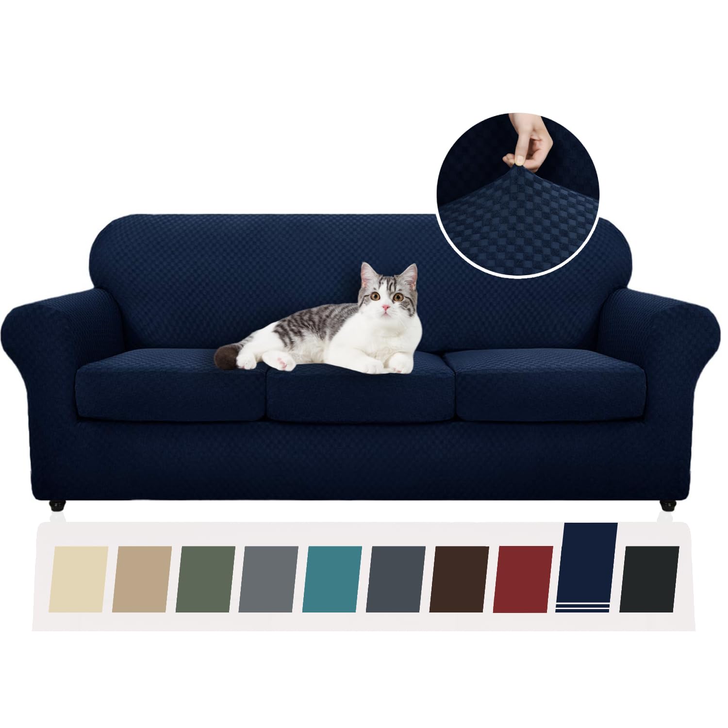 YEMYHOM Checkered 4 Piece Couch Covers for 3 Cushion Sofa High Stretch Thickened Elastic Slipcovers for Pets Navy Color