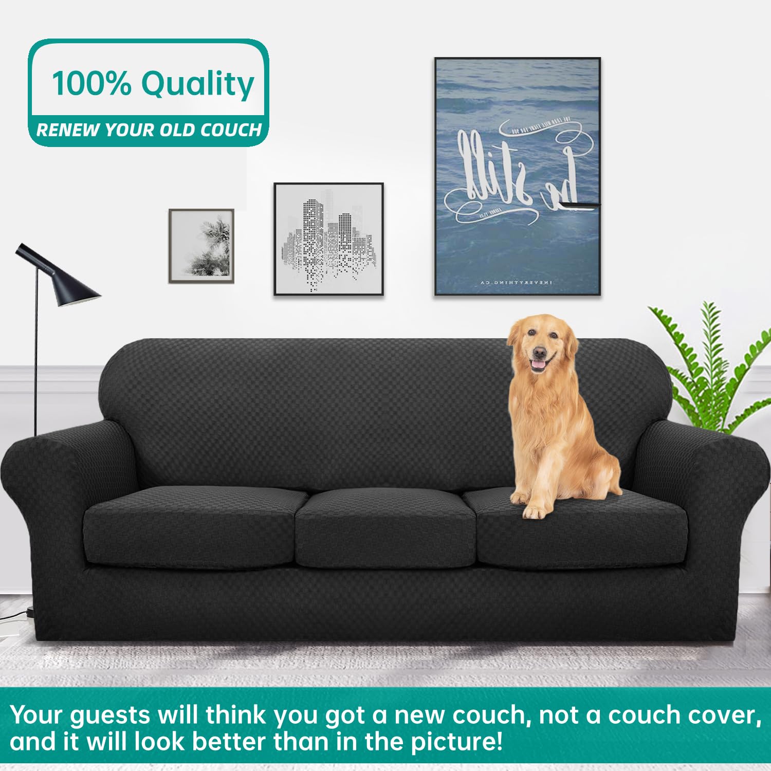 YEMYHOM YEMYHOM Checkered 4 Piece Couch Covers for 3 Cushion Sofa Extra Large High Stretch Thickened Furniture Protector for Dogs Black - View 2 of 9