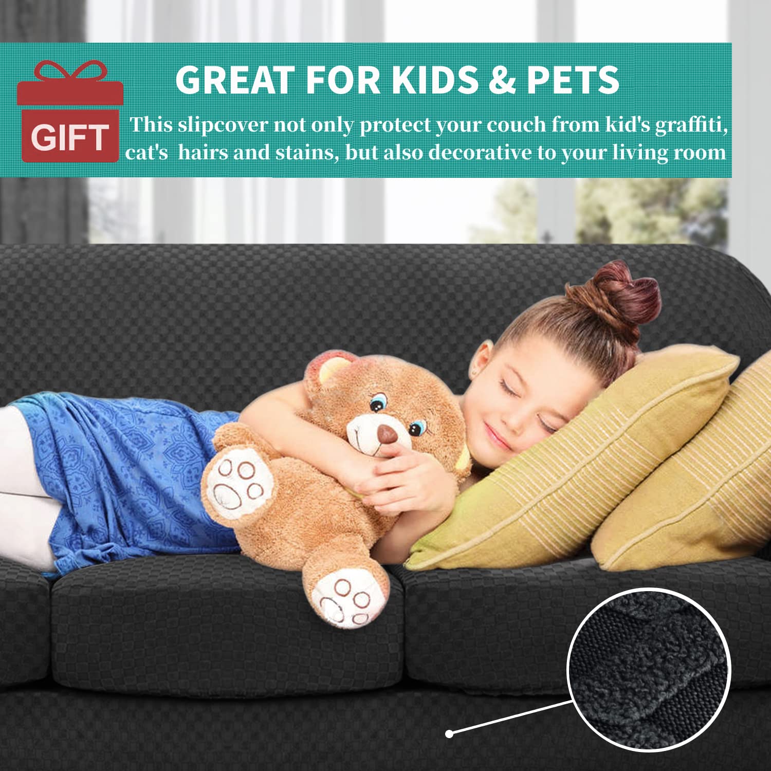 YEMYHOM YEMYHOM Checkered 4 Piece Couch Covers for 3 Cushion Sofa Extra Large High Stretch Thickened Furniture Protector for Dogs Black - View 3 of 9