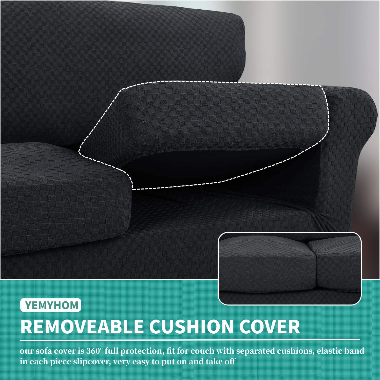YEMYHOM YEMYHOM Checkered 4 Piece Couch Covers for 3 Cushion Sofa Extra Large High Stretch Thickened Furniture Protector for Dogs Black - View 4 of 9