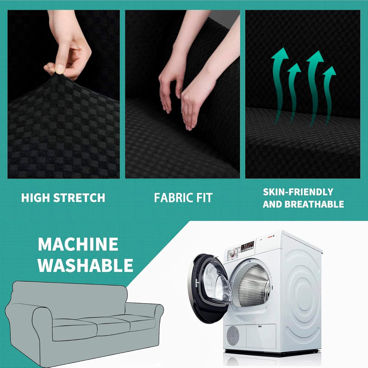 YEMYHOM YEMYHOM Checkered 4 Piece Couch Covers for 3 Cushion Sofa Extra Large High Stretch Thickened Furniture Protector for Dogs Black - View 5 of 9