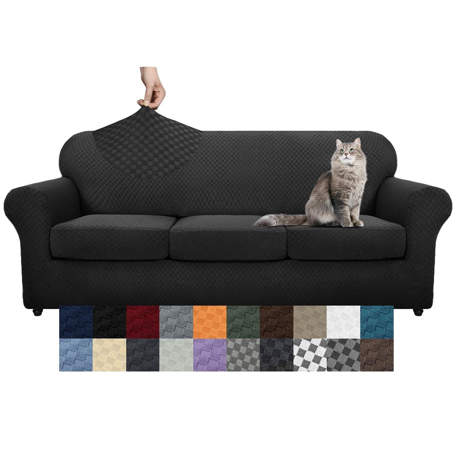 YEMYHOM YEMYHOM Checkered 4 Piece Couch Covers for 3 Cushion Sofa Extra Large High Stretch Thickened Furniture Protector for Dogs Black - View 8 of 9
