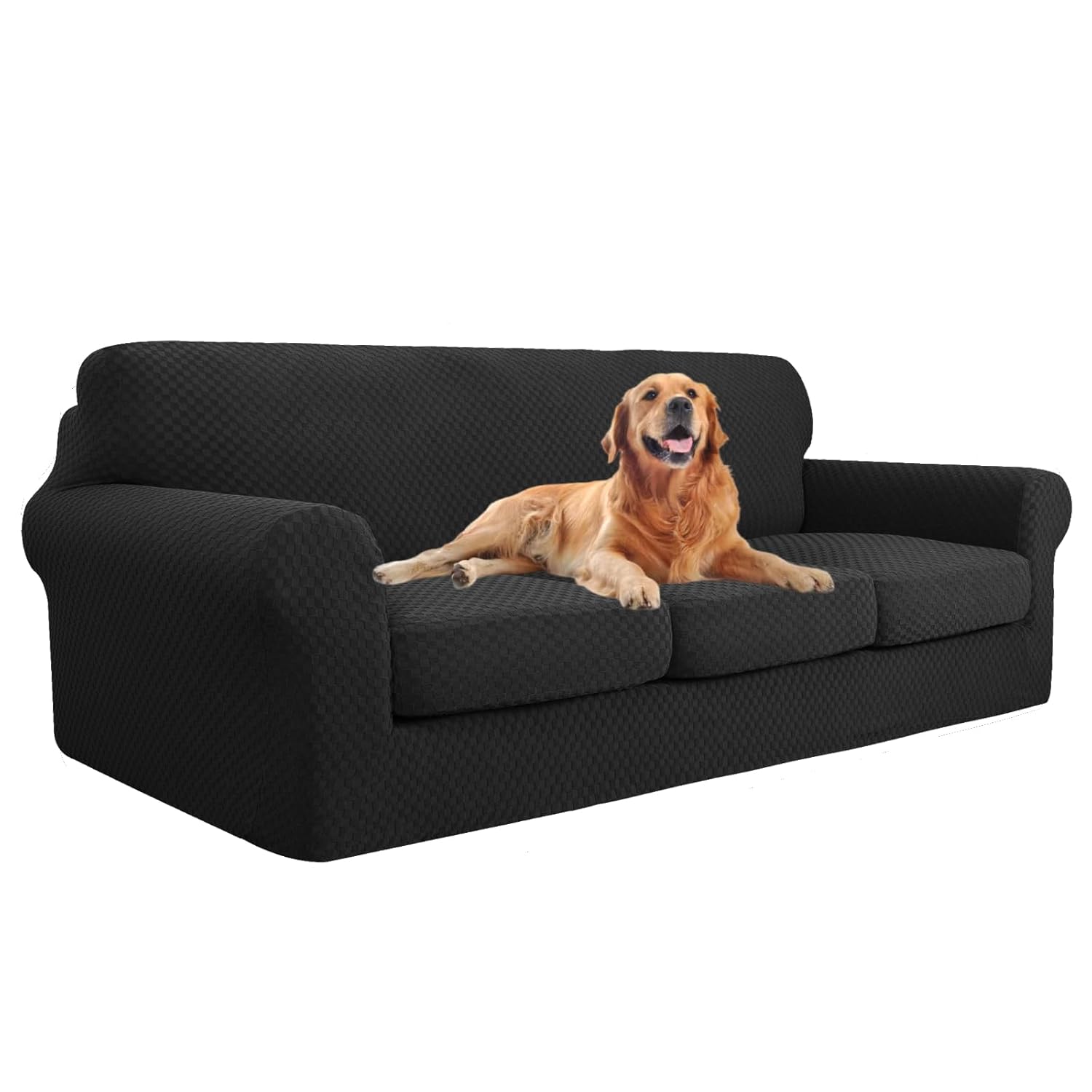 YEMYHOM Checkered 4 Piece Couch Covers for 3 Cushion Sofa Extra Large High Stretch Thickened Furniture Protector for Dogs Black