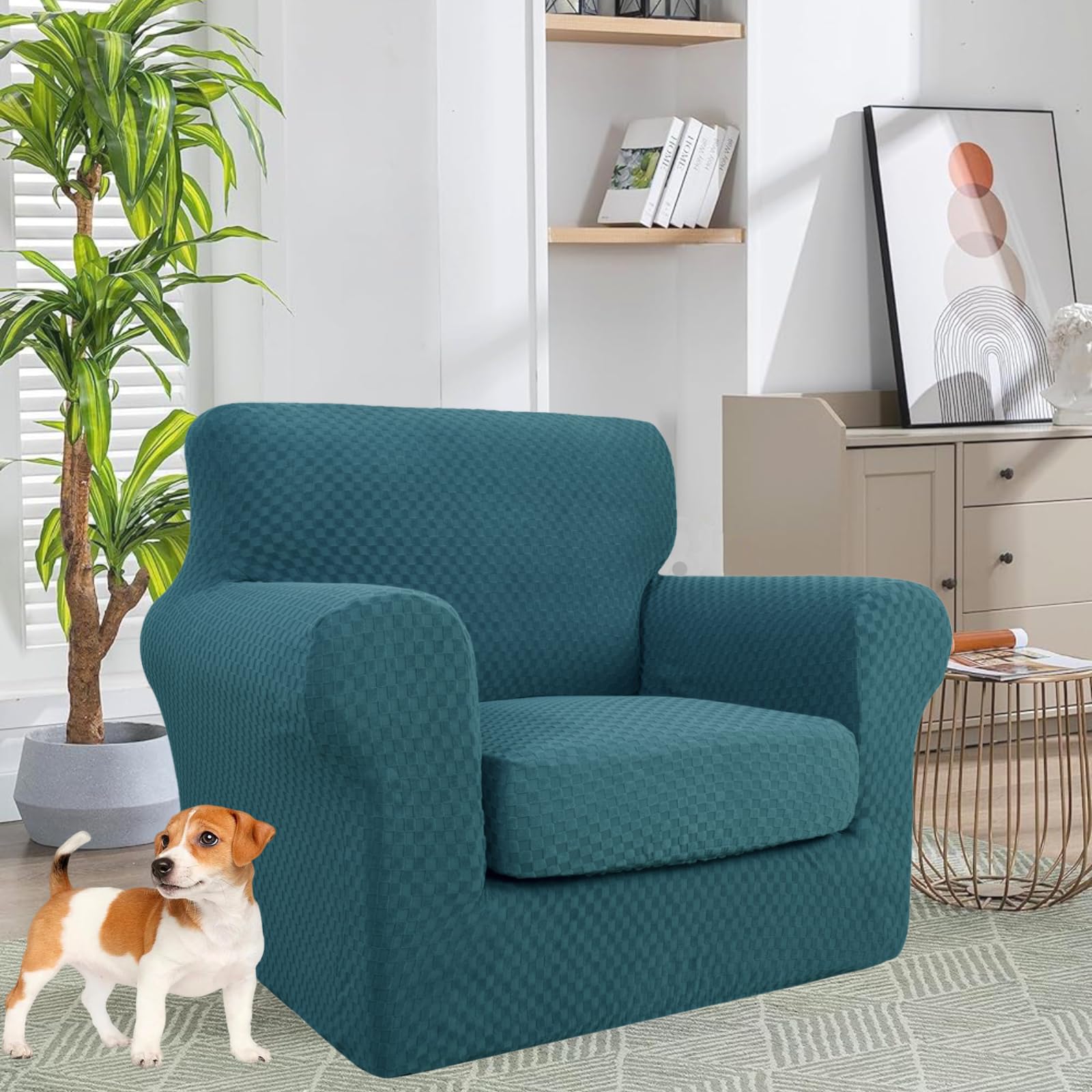 YEMYHOM YEMYHOM Checkered Chair Covers Set of 2 High Stretch Thickened Anti Slip Armchair Slipcovers for Living Room Teal 31"-46" - View 2 of 7