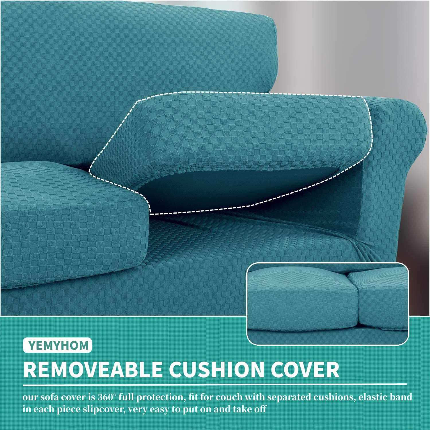 YEMYHOM YEMYHOM Checkered Chair Covers Set of 2 High Stretch Thickened Anti Slip Armchair Slipcovers for Living Room Teal 31"-46" - View 4 of 7