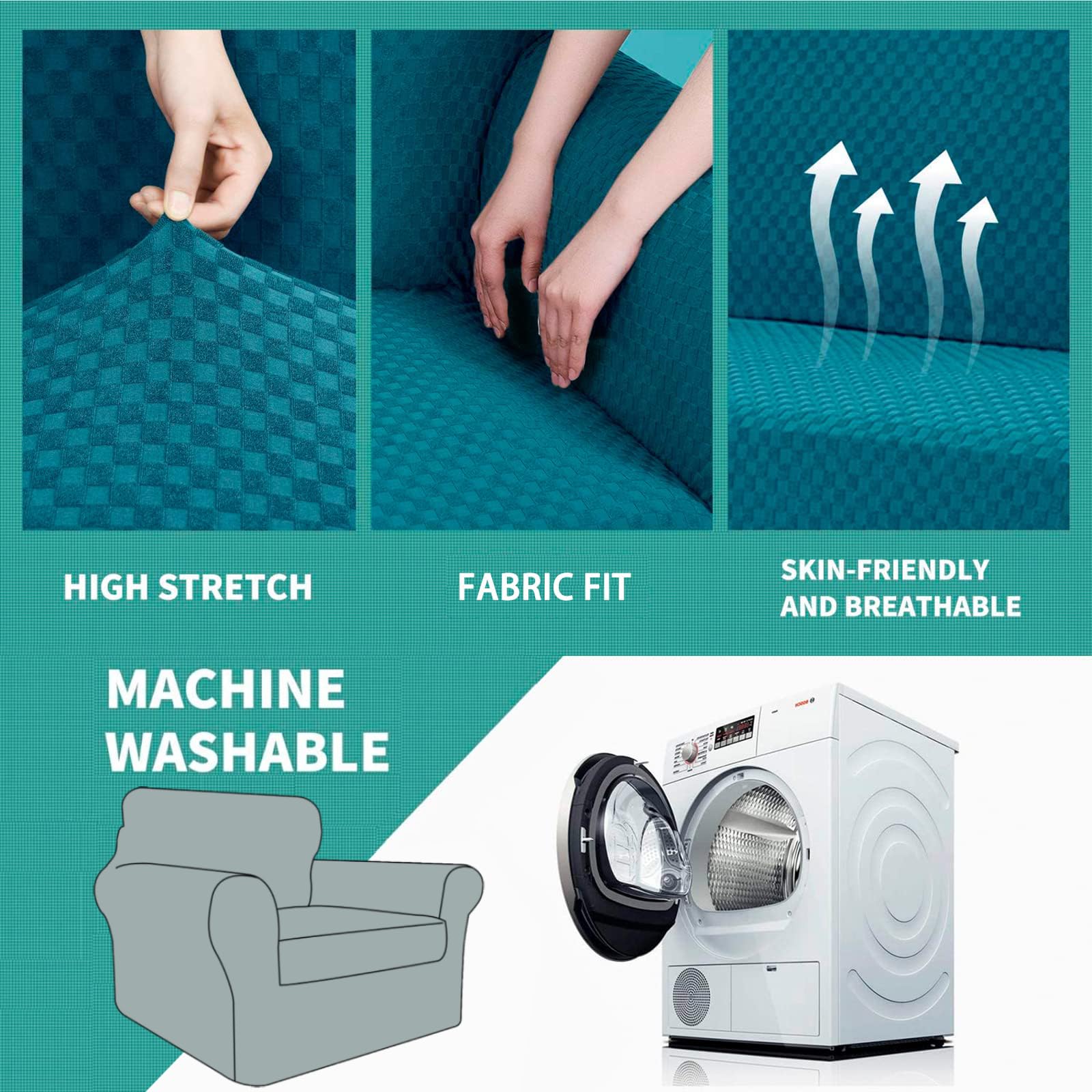 YEMYHOM YEMYHOM Checkered Chair Covers Set of 2 High Stretch Thickened Anti Slip Armchair Slipcovers for Living Room Teal 31"-46" - View 5 of 7