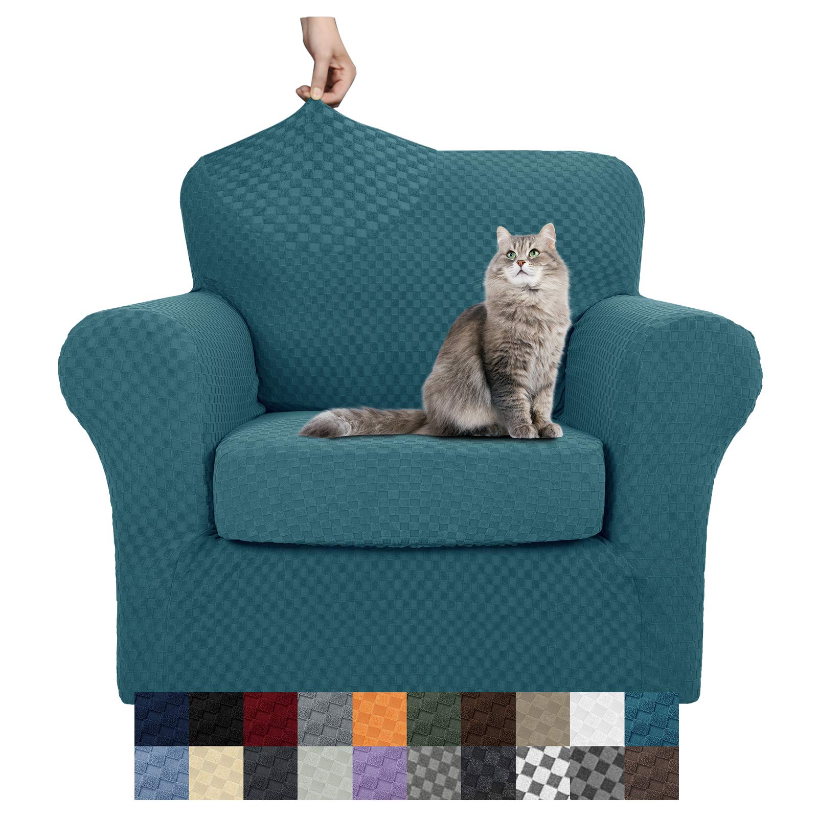YEMYHOM Checkered Chair Covers Set of 2 High Stretch Thickened Anti Slip Armchair Slipcovers for Living Room Teal 31"-46"