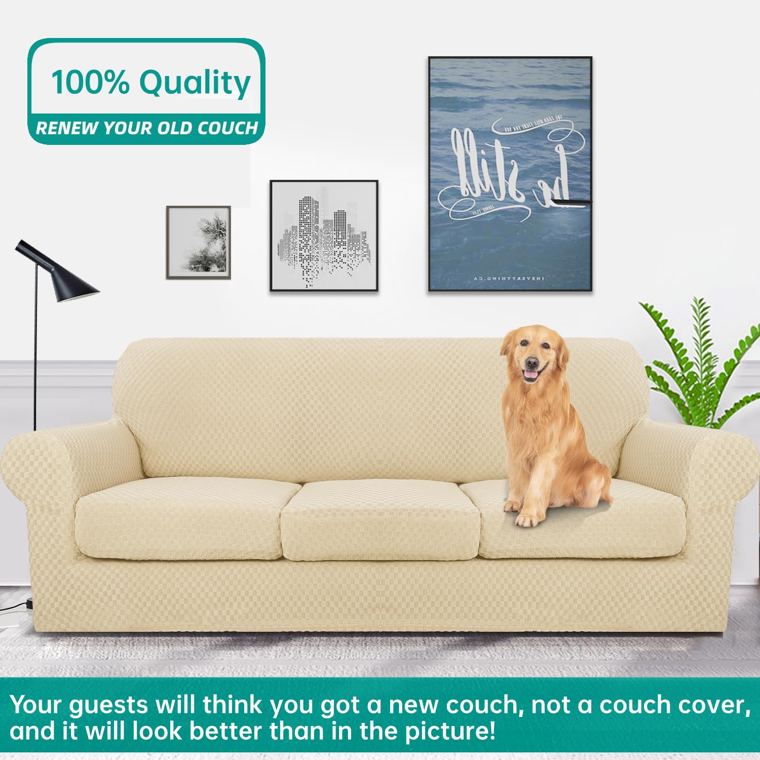 YEMYHOM YEMYHOM Checkered 4 Piece Couch Covers Extra Large High Stretch Sofa Cover for Dogs Pets Furniture Protector Beige 91 to 110 Inches - View 2 of 7