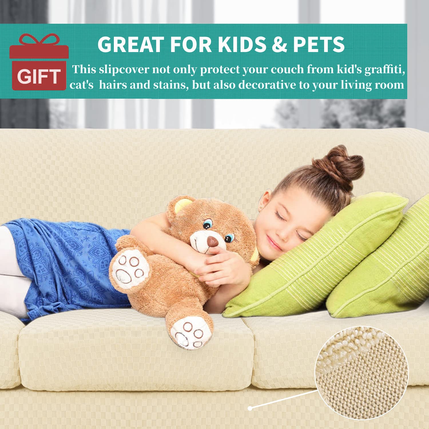 YEMYHOM YEMYHOM Checkered 4 Piece Couch Covers Extra Large High Stretch Sofa Cover for Dogs Pets Furniture Protector Beige 91 to 110 Inches - View 3 of 7