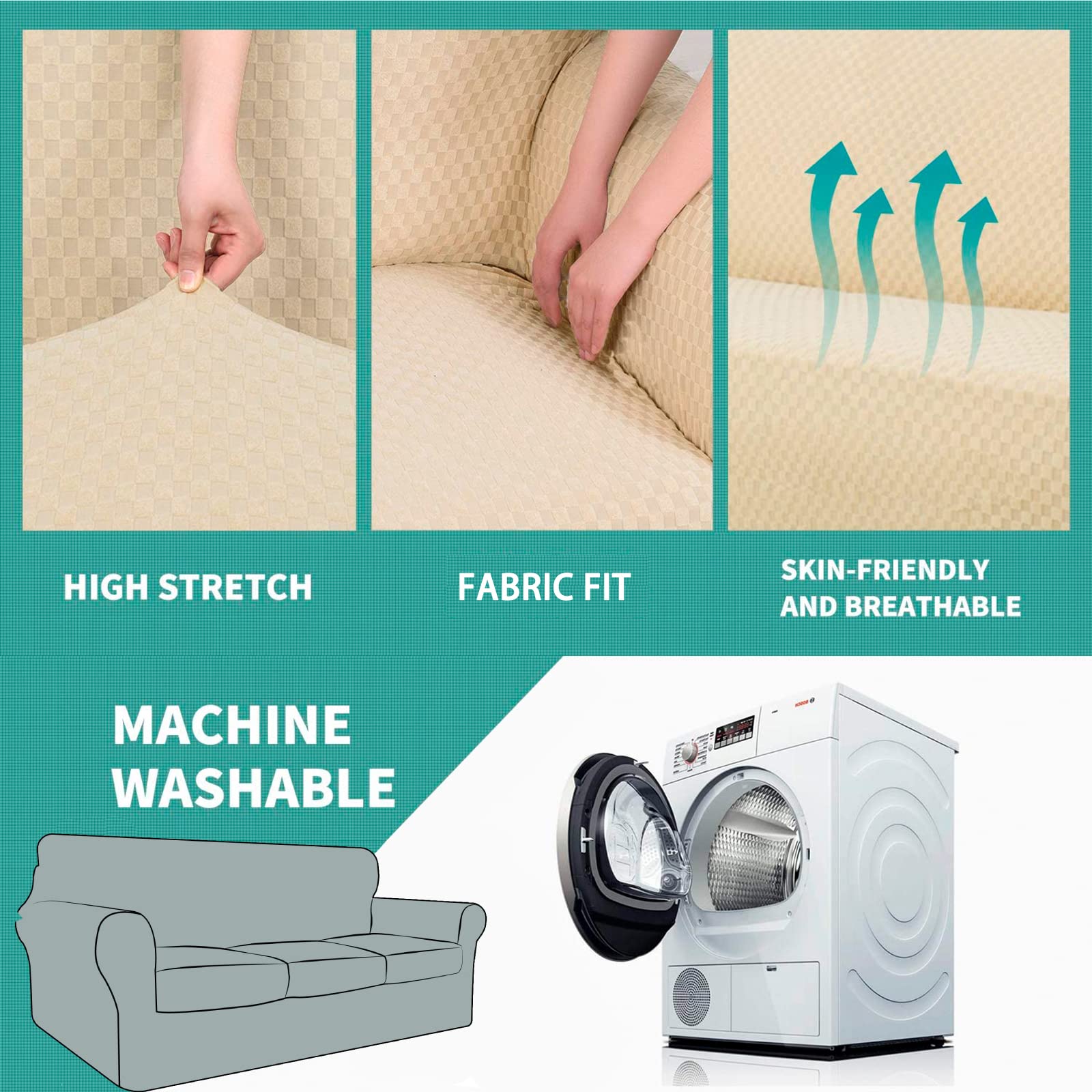 YEMYHOM YEMYHOM Checkered 4 Piece Couch Covers Extra Large High Stretch Sofa Cover for Dogs Pets Furniture Protector Beige 91 to 110 Inches - View 5 of 7