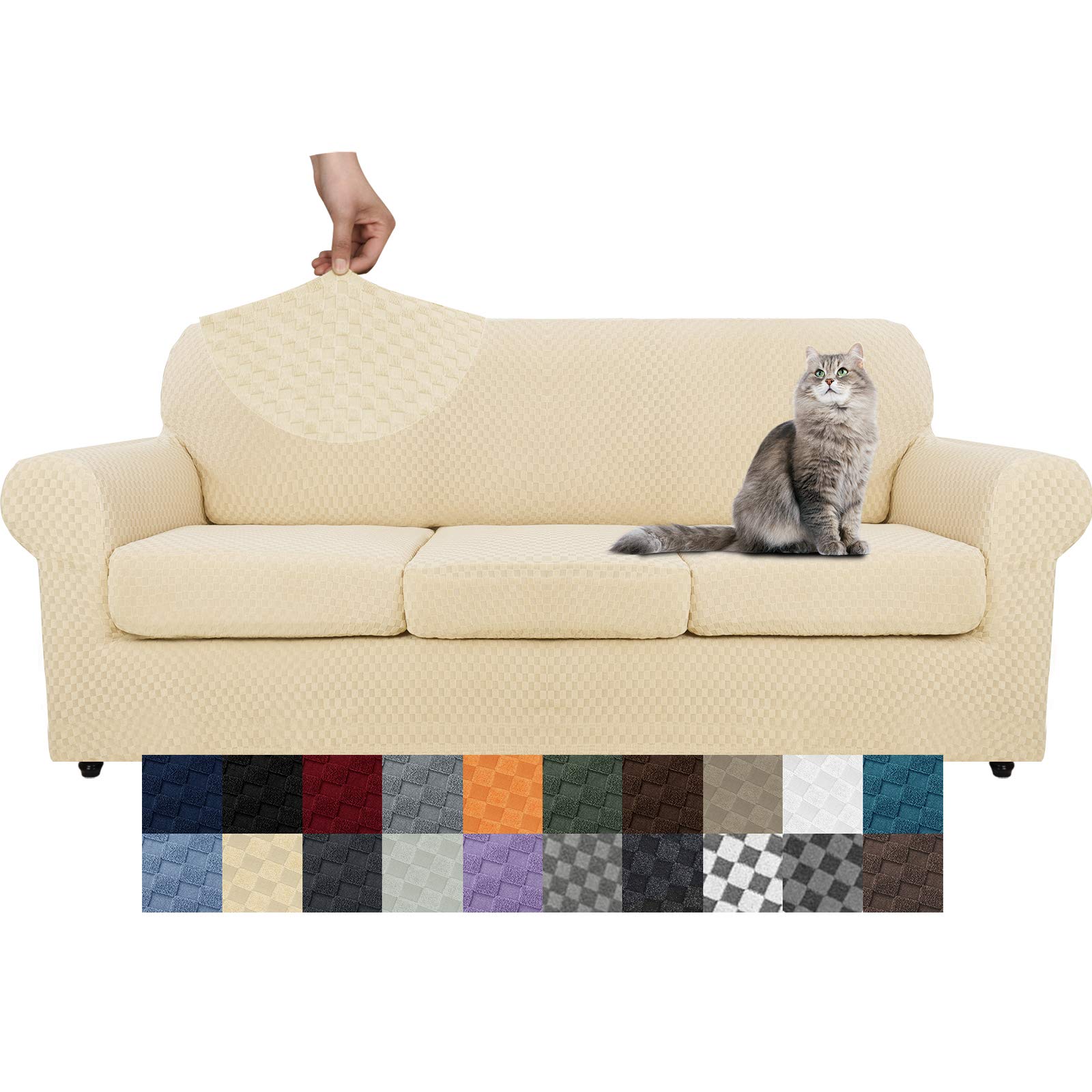 YEMYHOM Checkered 4 Piece Couch Covers Extra Large High Stretch Sofa Cover for Dogs Pets Furniture Protector Beige 91 to 110 Inches
