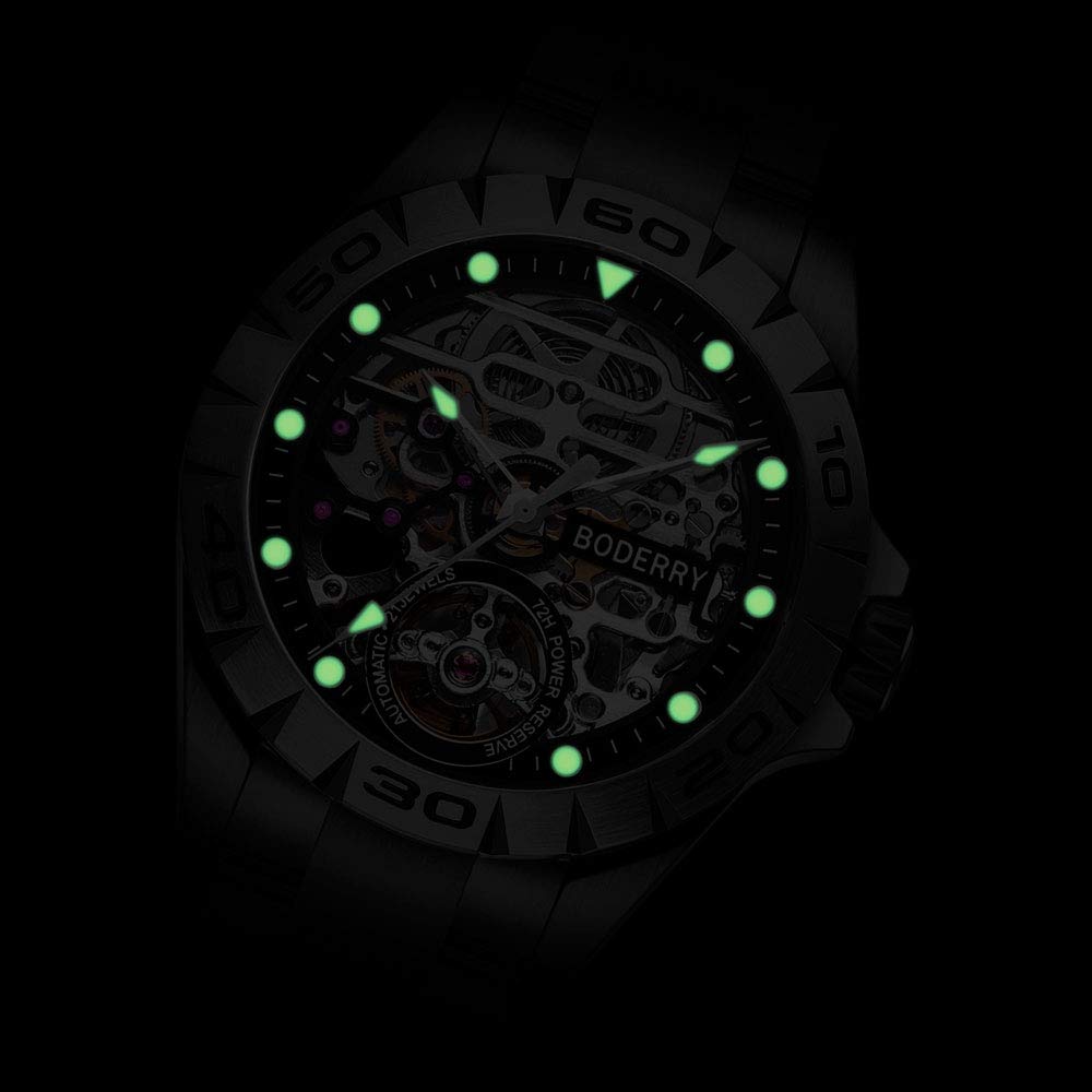 BODERRY BODERRY Original Urban Mens 72H Power-Reserve Stainless Steel Skeleton Watch Fashion Automatic Self-Winding Luminous Wrist Watch - View 4 of 6