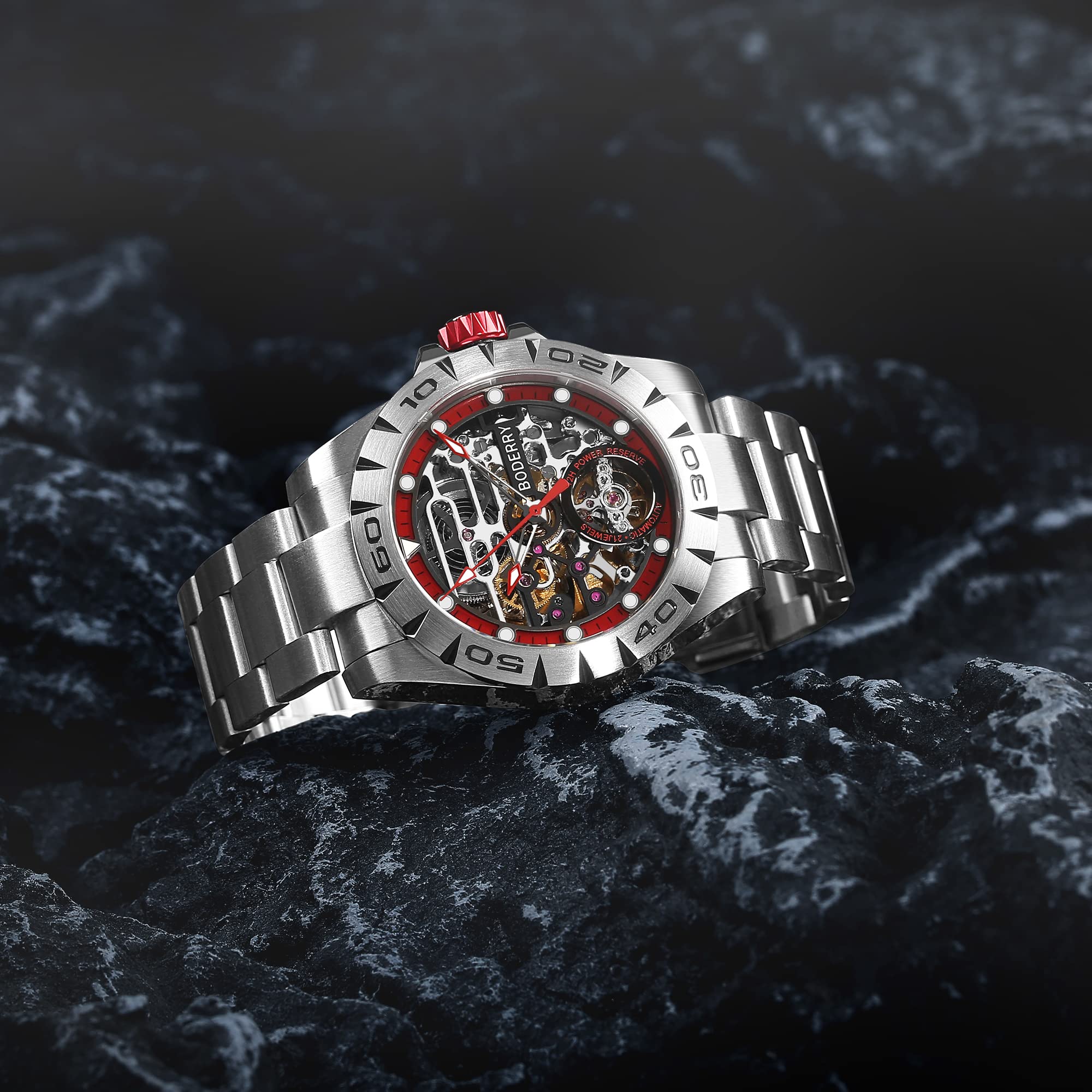 BODERRY BODERRY Original Urban Mens 72H Power-Reserve Stainless Steel Skeleton Watch Fashion Automatic Self-Winding Luminous Wrist Watch - View 5 of 6