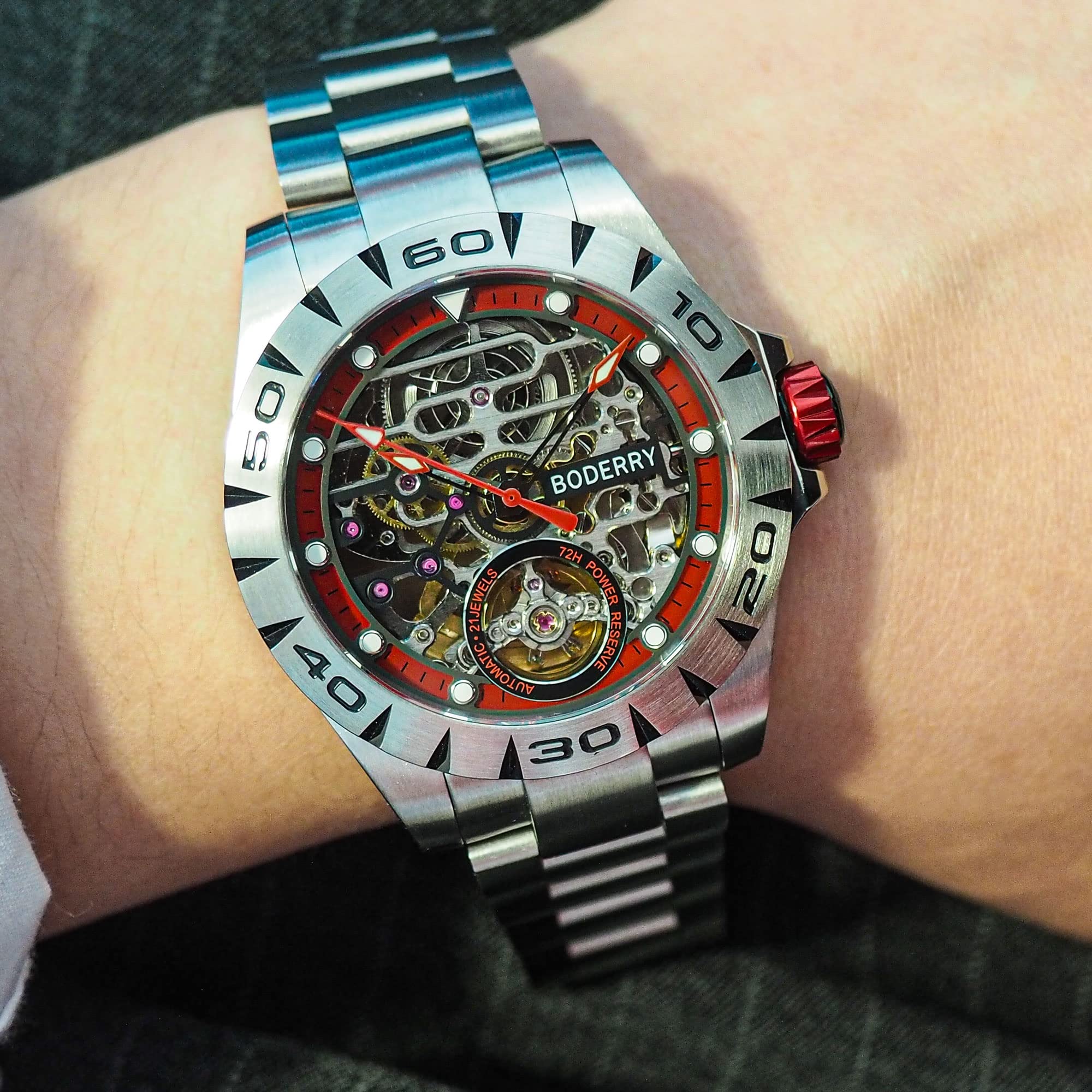 BODERRY BODERRY Original Urban Mens 72H Power-Reserve Stainless Steel Skeleton Watch Fashion Automatic Self-Winding Luminous Wrist Watch - View 6 of 6