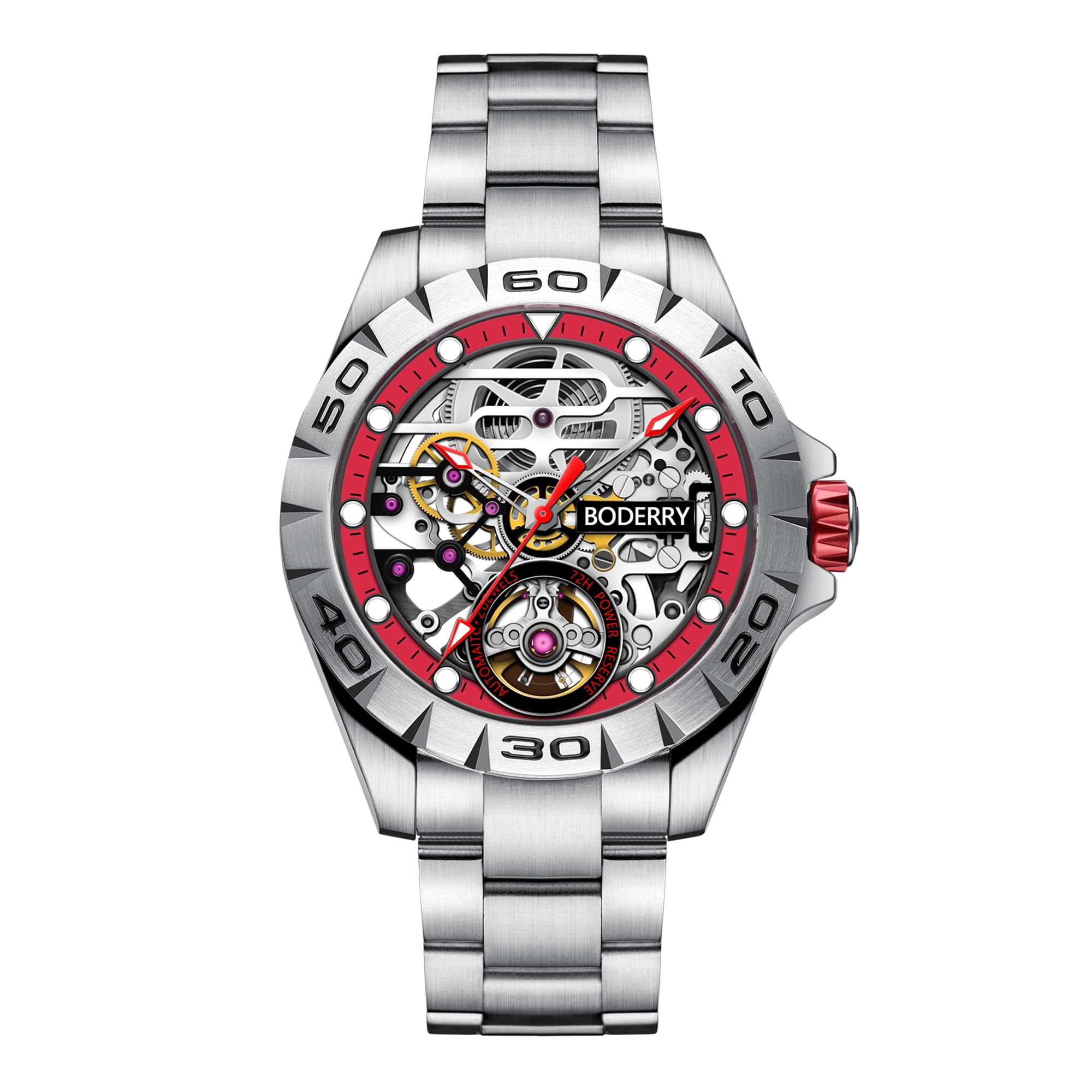 BODERRY BODERRY Original Urban Mens 72H Power-Reserve Stainless Steel Skeleton Watch Fashion Automatic Self-Winding Luminous Wrist Watch
