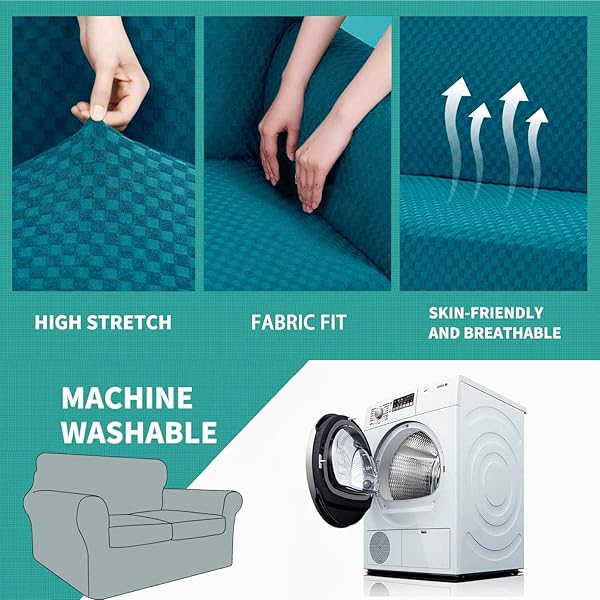 YEMYHOM YEMYHOM Checkered 3 Piece Couch Covers for 2 Cushion Sofa High Stretch Anti Slip Protector for Dogs Pets Teal 55"-69" - View 5 of 7
