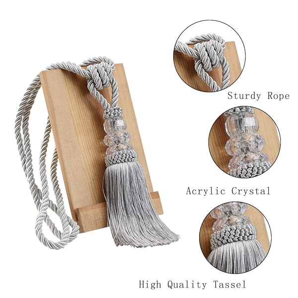 BEL AVENIR BEL AVENIR 4 Pack Hand-Woven Curtain Tiebacks with Crystal Holdbacks Decorative Tassels in Silver - View 3 of 6