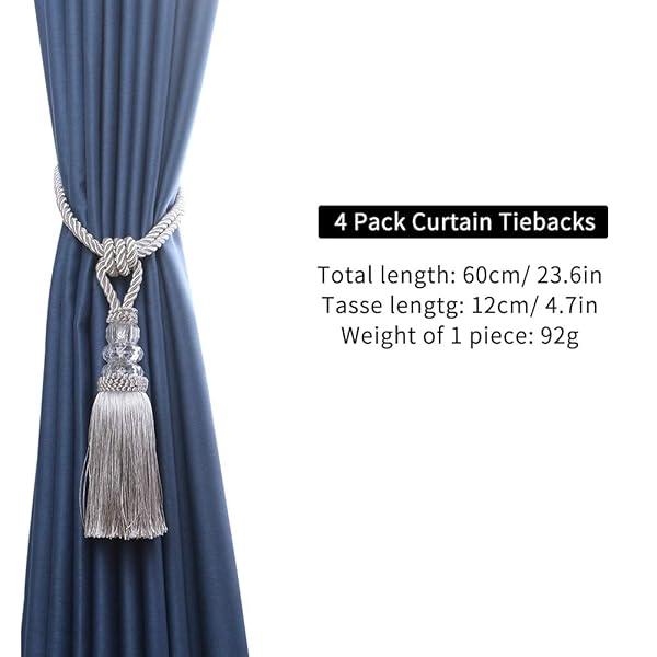 BEL AVENIR BEL AVENIR 4 Pack Hand-Woven Curtain Tiebacks with Crystal Holdbacks Decorative Tassels in Silver - View 5 of 6