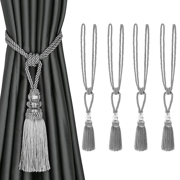 BEL AVENIR BEL AVENIR 4 Pack Hand-Woven Curtain Tiebacks with Crystal Holdbacks Decorative Tassels in Silver