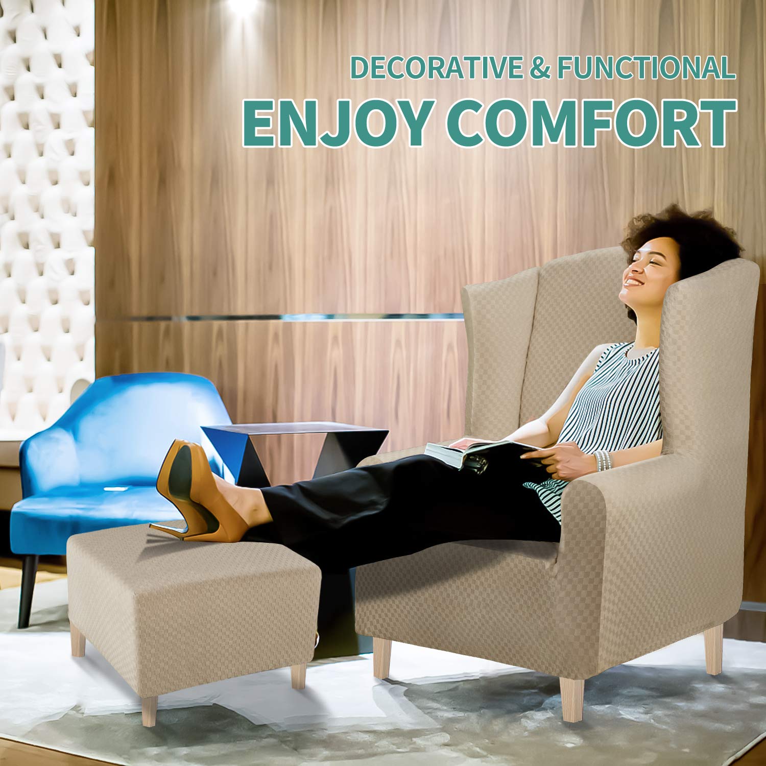 YEMYHOM YEMYHOM High Stretch Ottoman Cover Jacquard Design Removable Slipcover for Large Rectangle Footstool in Khaki - View 2 of 9