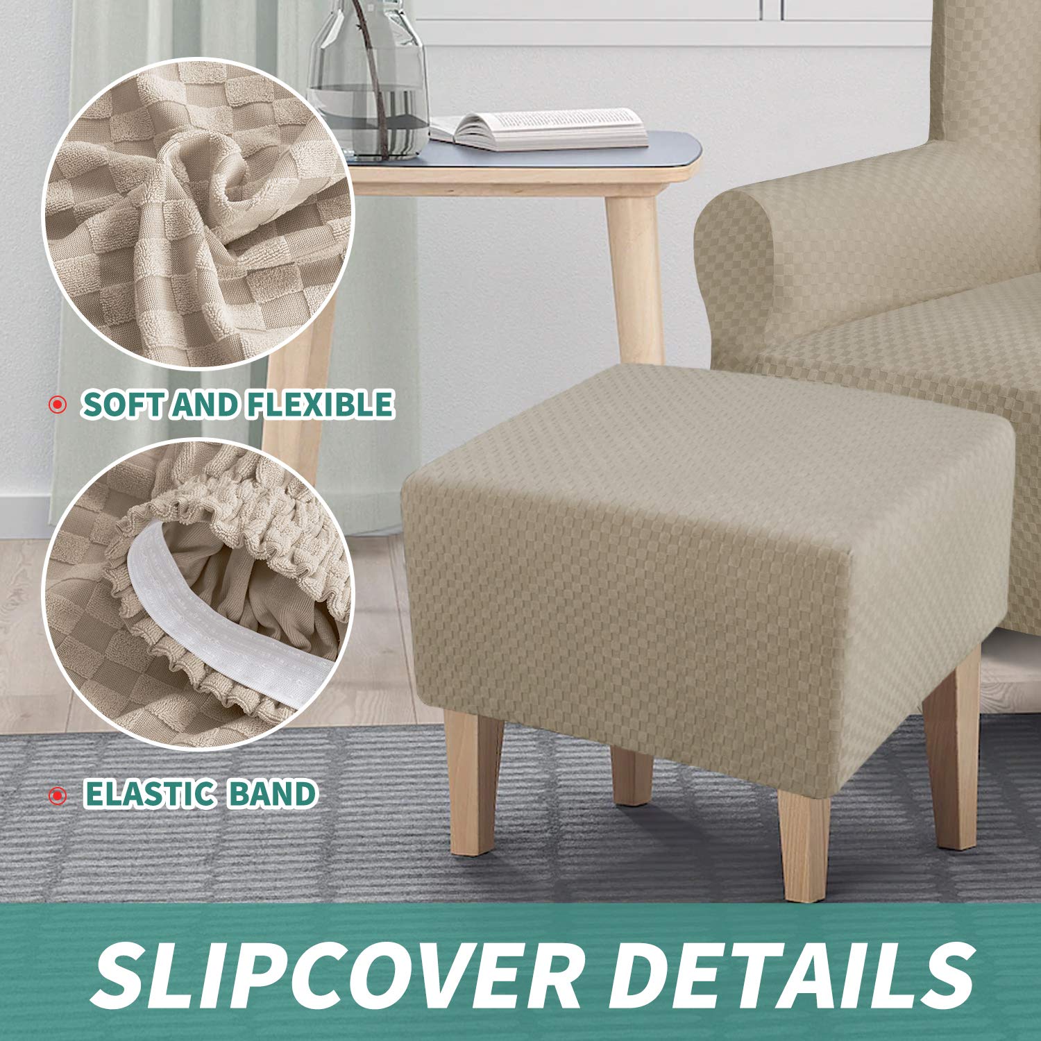 YEMYHOM YEMYHOM High Stretch Ottoman Cover Jacquard Design Removable Slipcover for Large Rectangle Footstool in Khaki - View 4 of 9