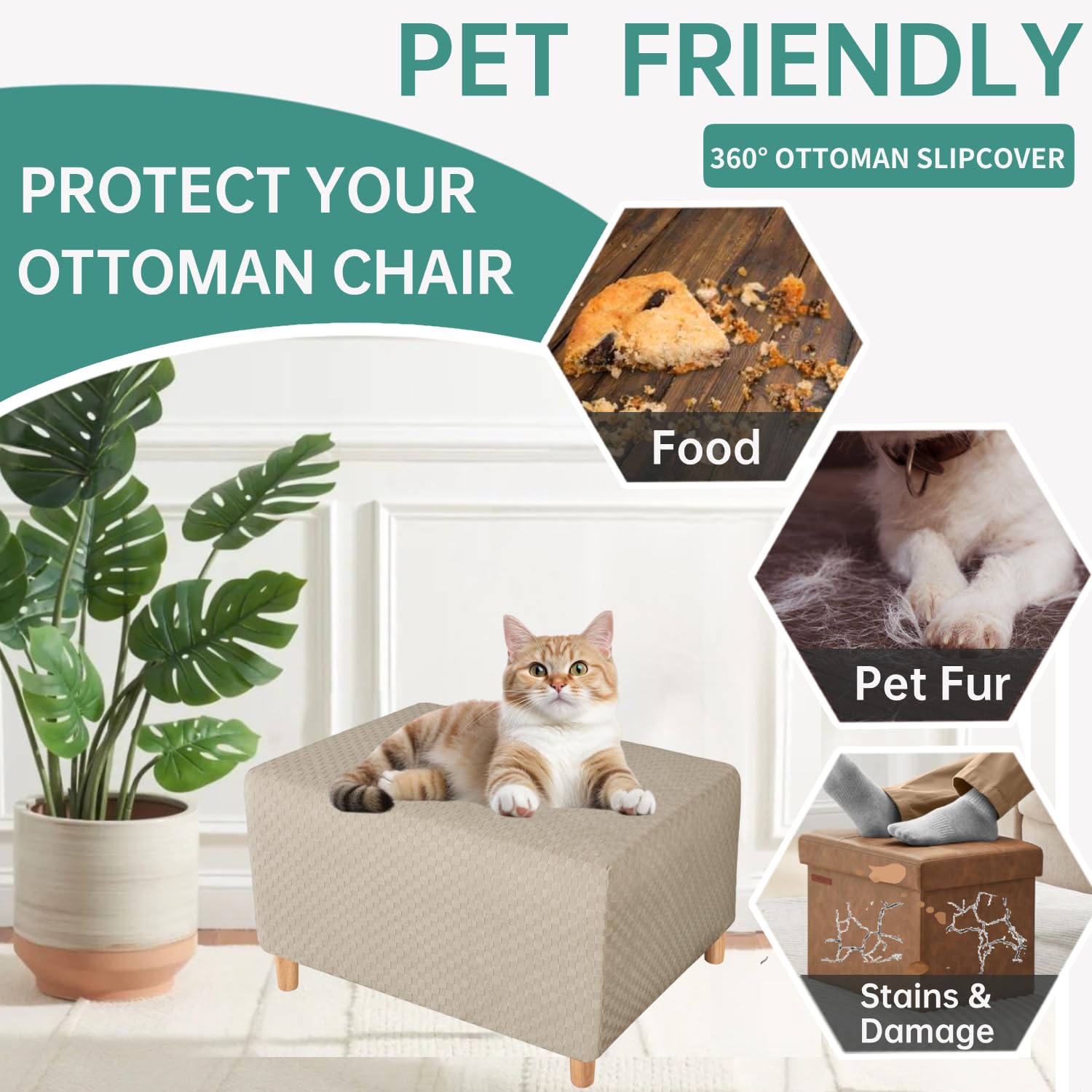 YEMYHOM YEMYHOM High Stretch Ottoman Cover Jacquard Design Removable Slipcover for Large Rectangle Footstool in Khaki - View 5 of 9