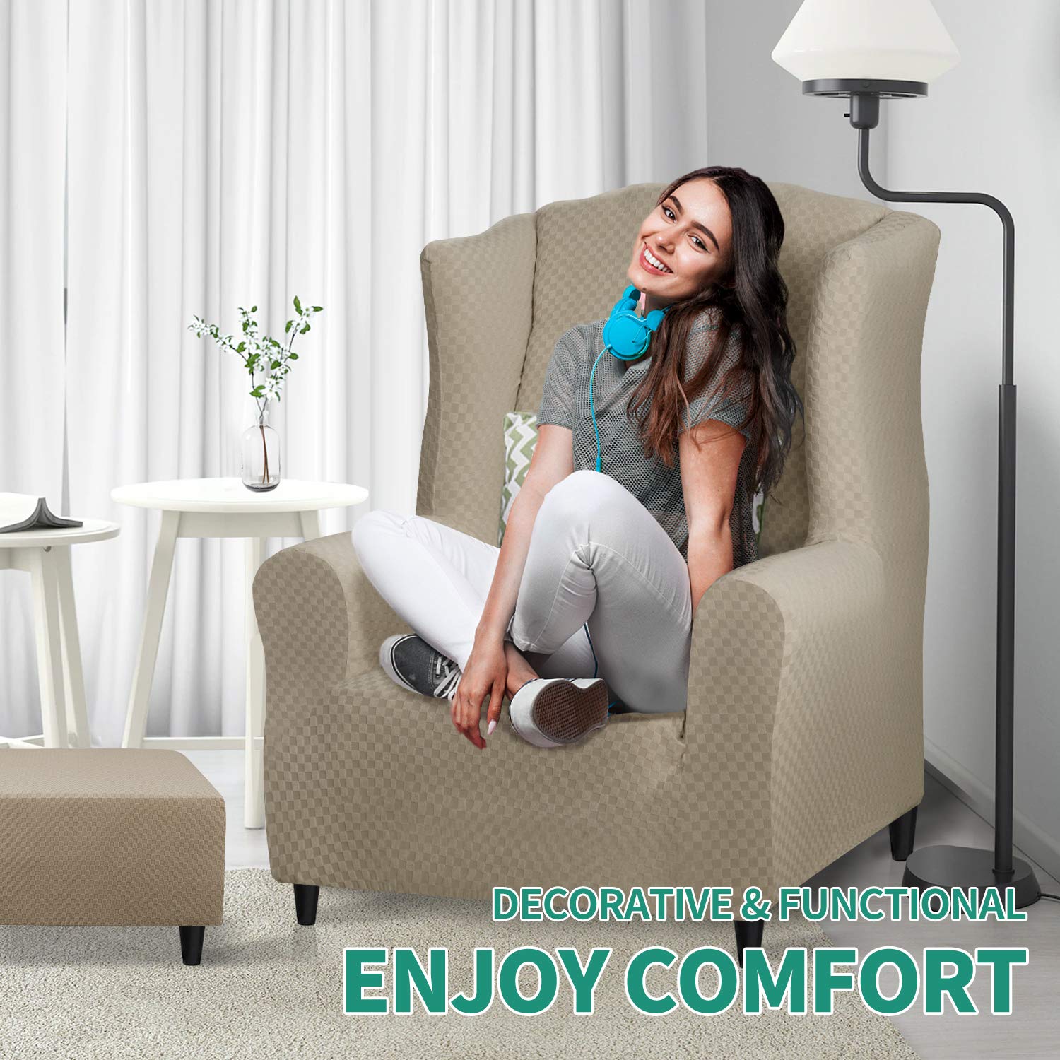 YEMYHOM YEMYHOM High Stretch Ottoman Cover Jacquard Design Removable Slipcover for Large Rectangle Footstool in Khaki - View 9 of 9