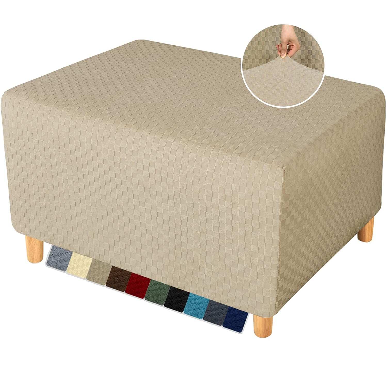 YEMYHOM High Stretch Ottoman Cover Jacquard Design Removable Slipcover for Large Rectangle Footstool in Khaki