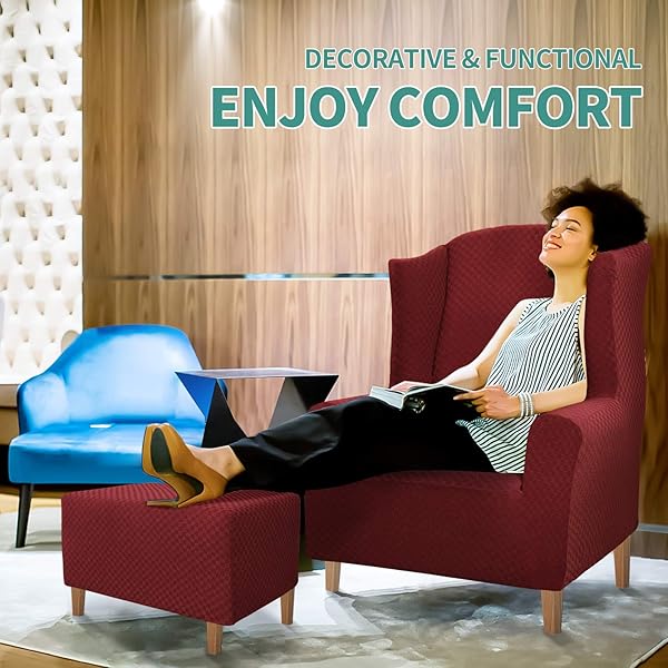 YEMYHOM YEMYHOM Jacquard Ottoman Cover High Stretch Folding Storage Footstool Protector Rectangle Removable Slipcover Large Christmas Wine Red - View 3 of 8