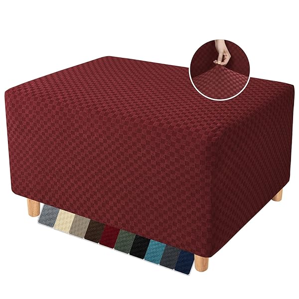YEMYHOM Jacquard Ottoman Cover High Stretch Folding Storage Footstool Protector Rectangle Removable Slipcover Large Christmas Wine Red