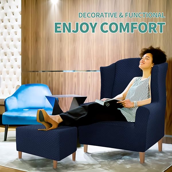 YEMYHOM YEMYHOM High Stretch Ottoman Cover Jacquard Design Removable Slipcover for Large Rectangle Footstool Navy - View 3 of 8