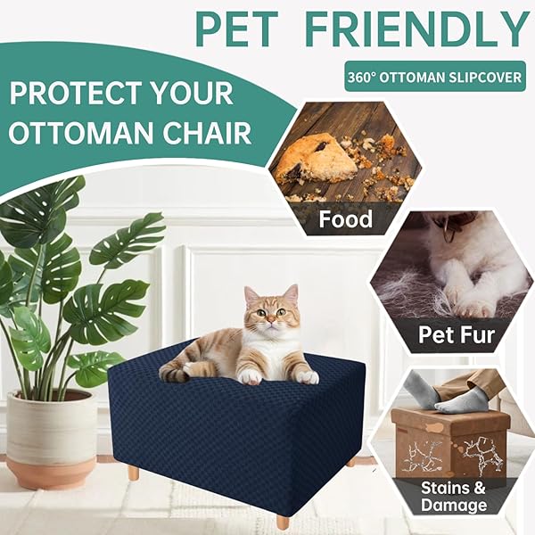 YEMYHOM YEMYHOM High Stretch Ottoman Cover Jacquard Design Removable Slipcover for Large Rectangle Footstool Navy - View 6 of 8