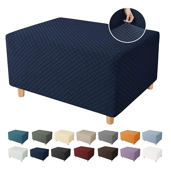 YEMYHOM YEMYHOM High Stretch Ottoman Cover Jacquard Design Removable Slipcover for Large Rectangle Footstool Navy - View 2 of 8