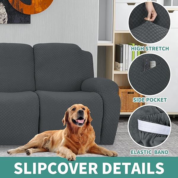 YEMYHOM YEMYHOM 4 Pieces Stretch Recliner Slipcover Jacquard Anti-Slip Fitted Cover with Side Pocket Dark Gray Couch Furniture Protector - View 6 of 9