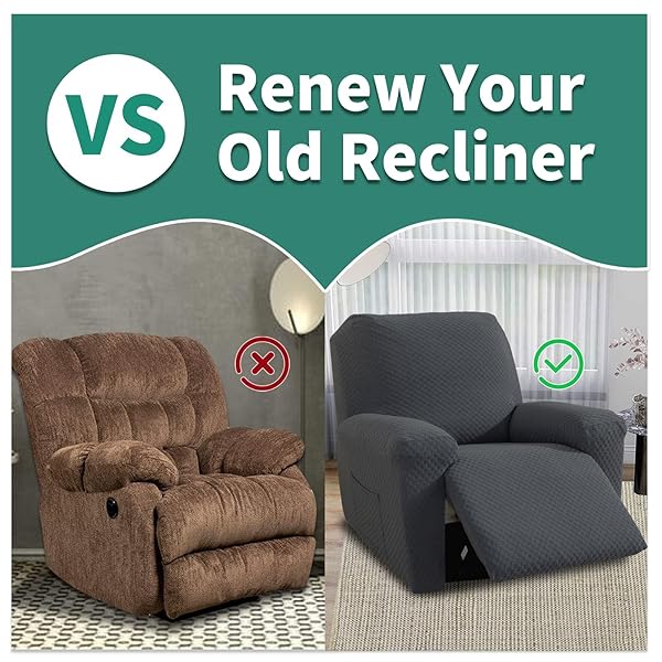 YEMYHOM YEMYHOM 4 Pieces Stretch Recliner Slipcover Jacquard Anti-Slip Fitted Cover with Side Pocket Dark Gray Couch Furniture Protector - View 7 of 9
